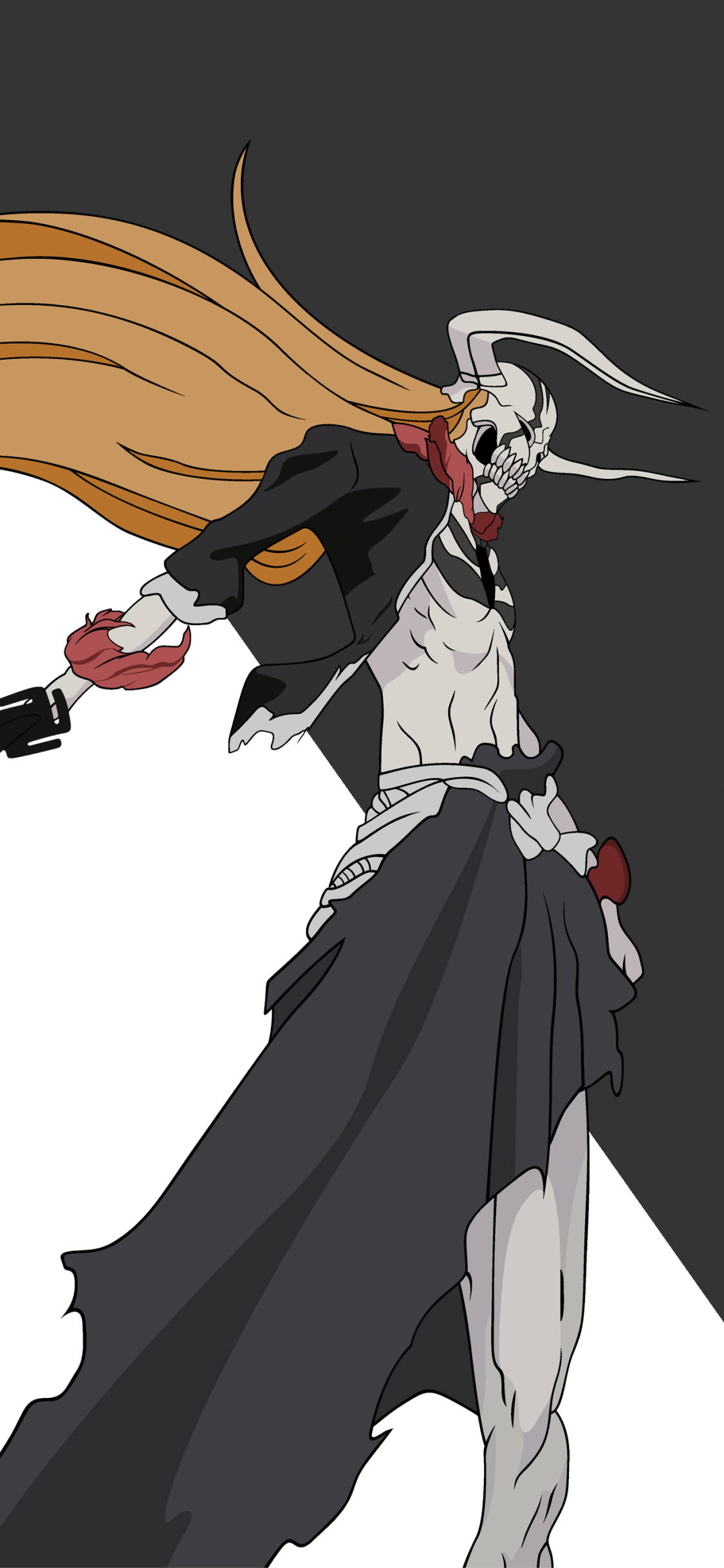 Bleach iPhone 桌布 壁紙 — 一個骨骼動漫角色，長長的金色飄逸頭髮和角，在黑白背景下擺出動態姿勢。