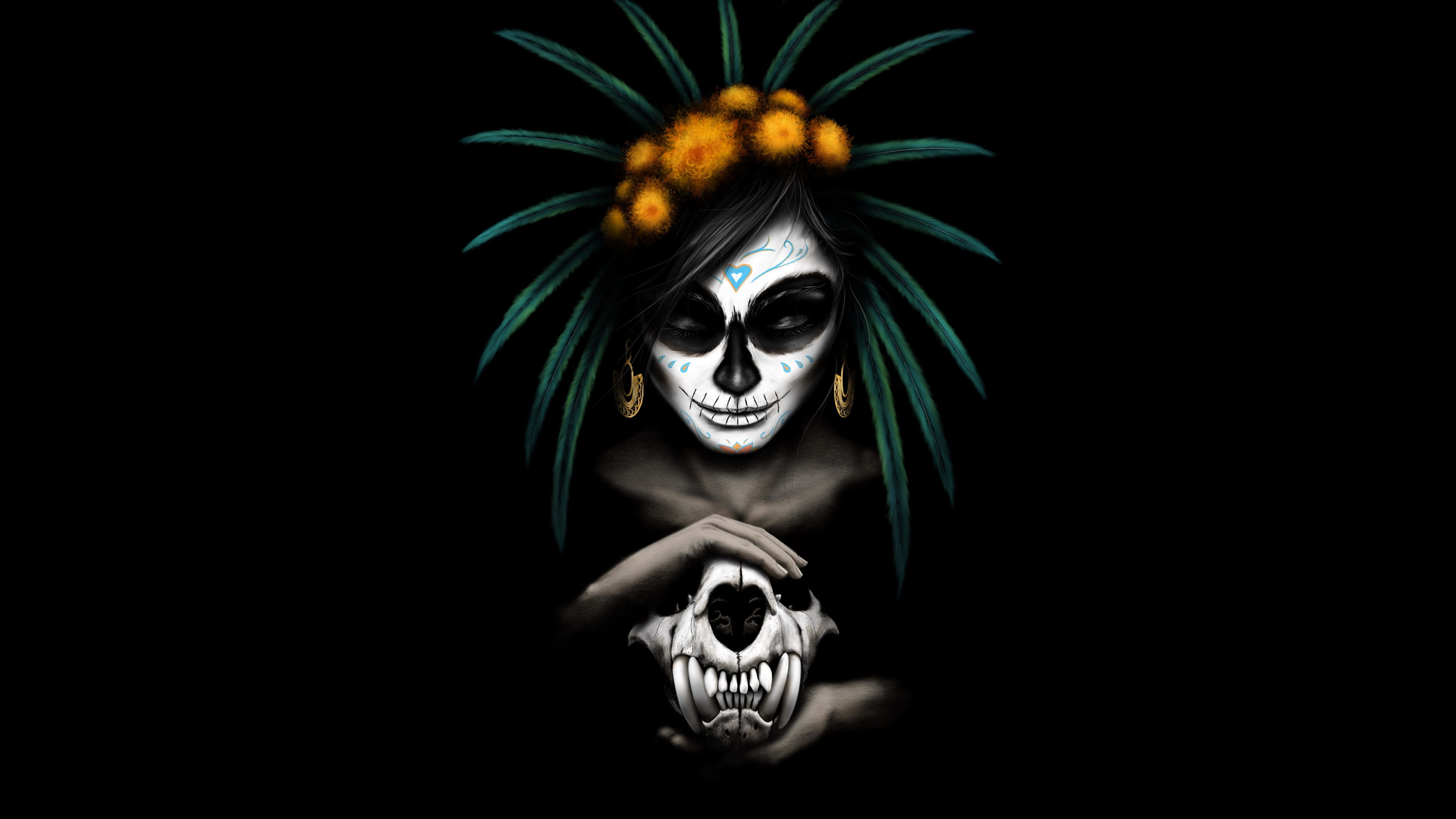 Halloween Tattoos 桌布 壁紙 — 一個骷髏人物戴著鮮豔的橙色萬壽菊花冠和藍綠色羽毛頭飾，在黑色虛空中懷抱著一個頭骨。