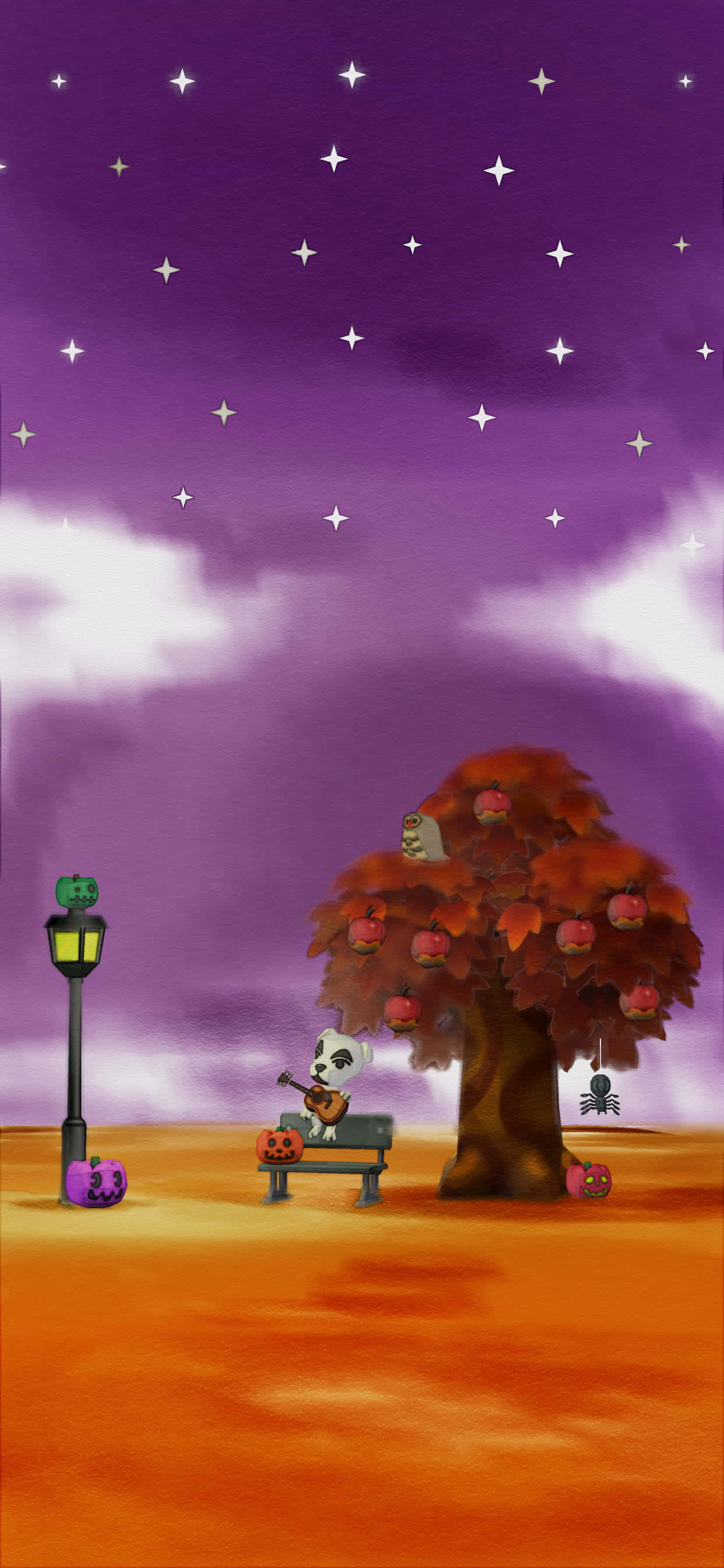 First Day Of Fall 桌布 壁紙 — 一個骷髏在星空紫色天空下，在傑克南瓜燈樹旁彈結他，營造出詭異的萬聖節場景。