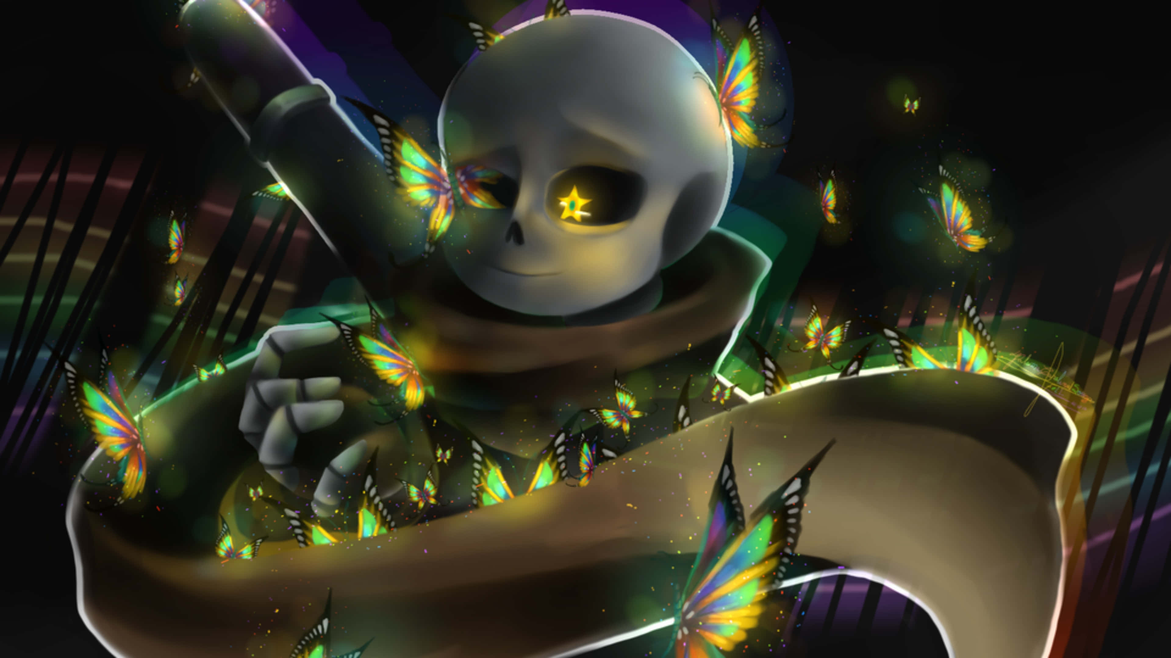 sans 桌布 壁紙 — 一個骷髏形象，眼睛閃爍著星光，手持法杖，周圍環繞著鮮豔的彩虹蝴蝶，處於黑暗神秘的環境中。