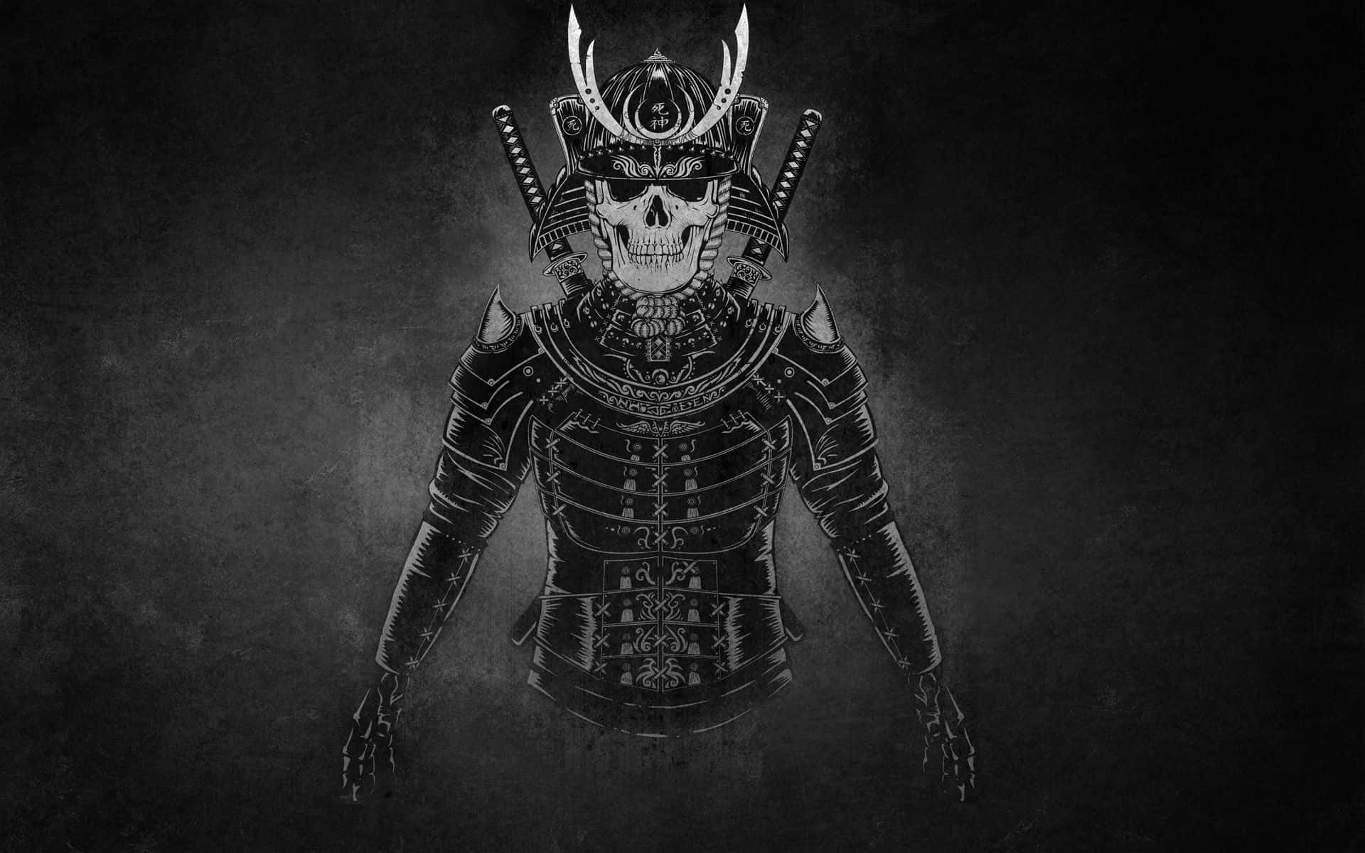 Black And White Samurai 桌布 壁紙 — 一個骷髏武士穿著華麗盔甲，背負兩把劍，站在深色紋理背景前。