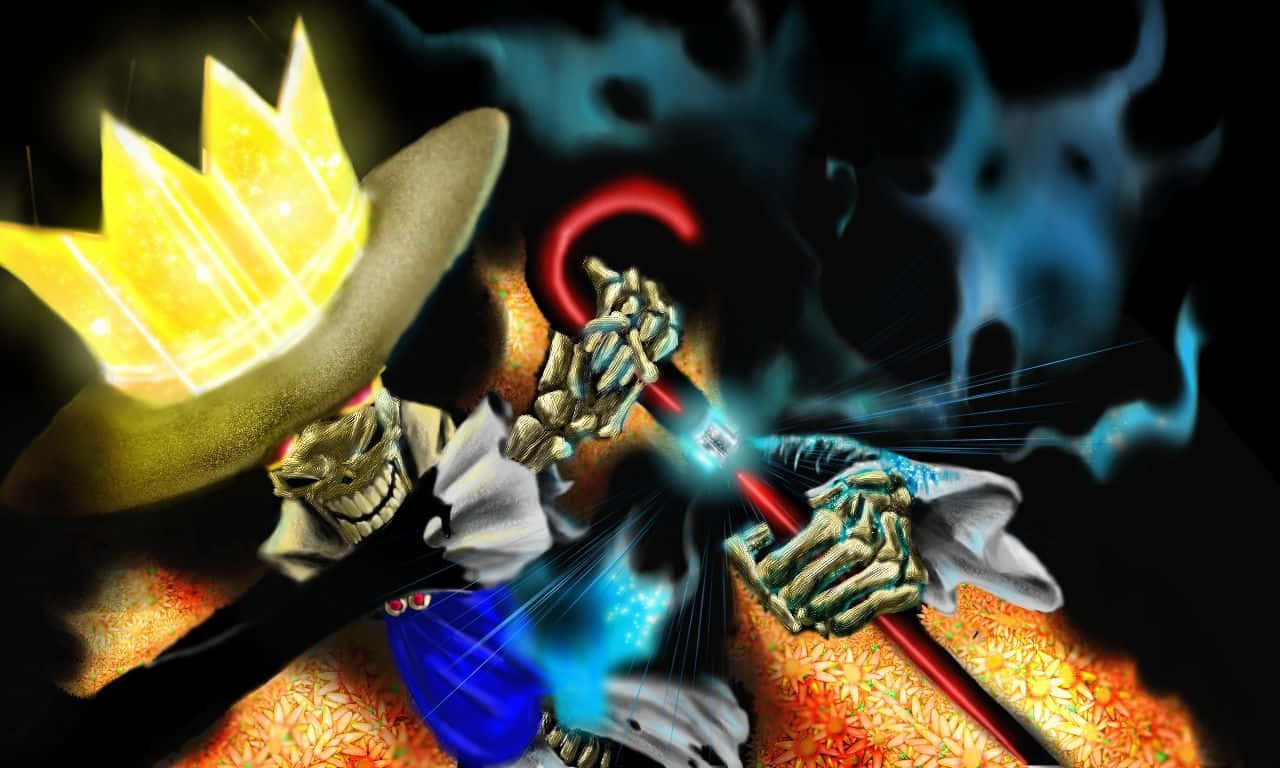 Brook 桌布 壁紙 — 一個骷髏海盜戴着發光的王冠，在黑暗背景中揮舞着紅色劍，周圍環繞着旋轉的藍色火焰。
