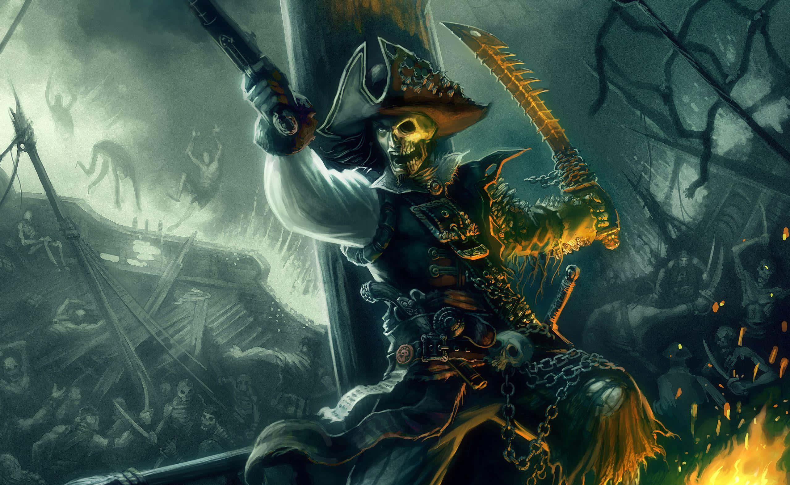 Pirates Of The Caribbean 桌布 壁紙 — 一個骷髏海盜船長，手持發光的橙色刀刃，臉如骷髏，在風暴海洋和幽靈船員中指揮船隻。