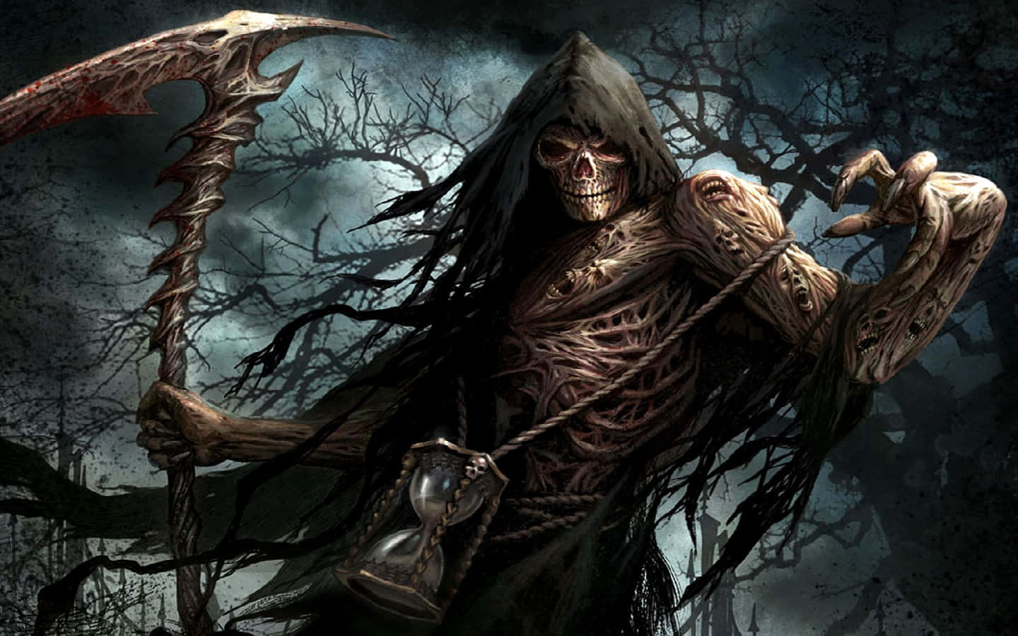 Dark Vampire 桌布 壁紙 — 一個骷髏臉、破爛斗篷的死神，在光禿禿的樹木和暴風雨的天空背景下揮舞著鋸齒狀的鐮刀和沙漏。