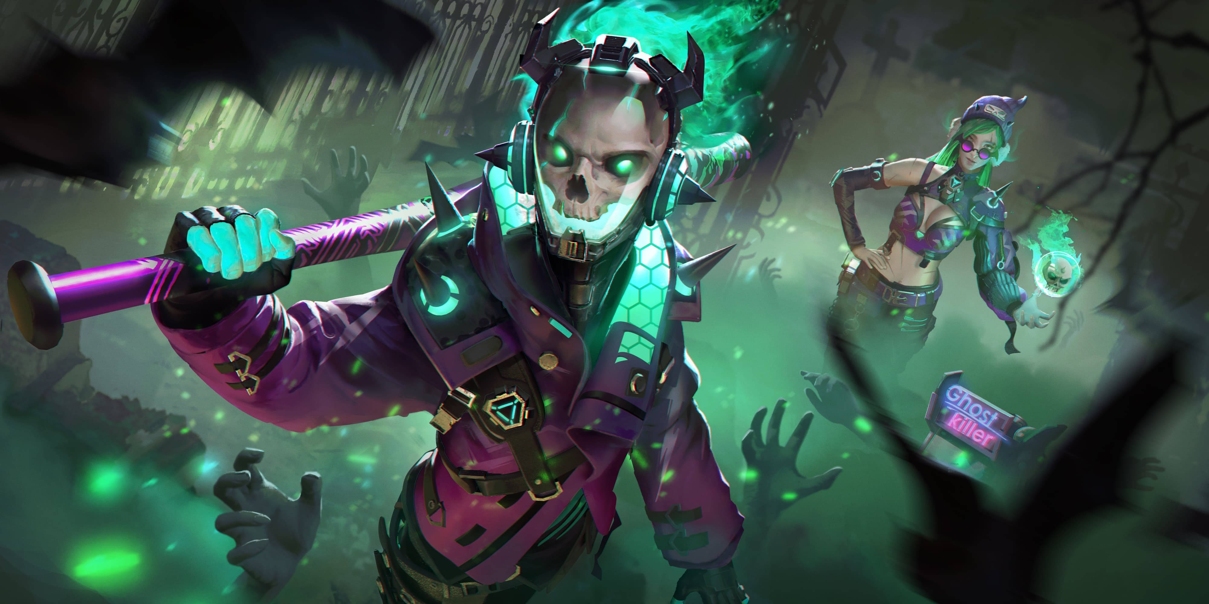 Garena 桌布 壁紙 — 一個骷髏臉戰士穿著紫色盔甲，在鬧鬼的墓地裡揮舞著發光的球棒，旁邊有一個幽靈同伴。