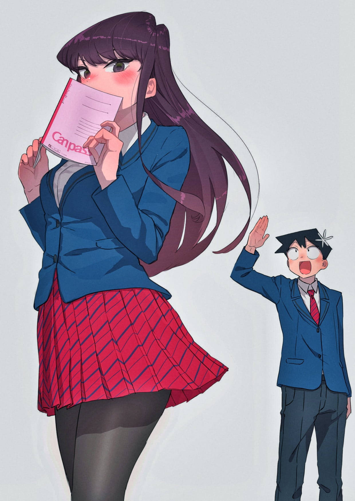 動漫角色 桌布 壁紙 — 一個高大的動漫女孩穿著校服，用粉紅色筆記本遮住臉，而一個穿著制服的小男孩在她旁邊瘋狂地揮手。