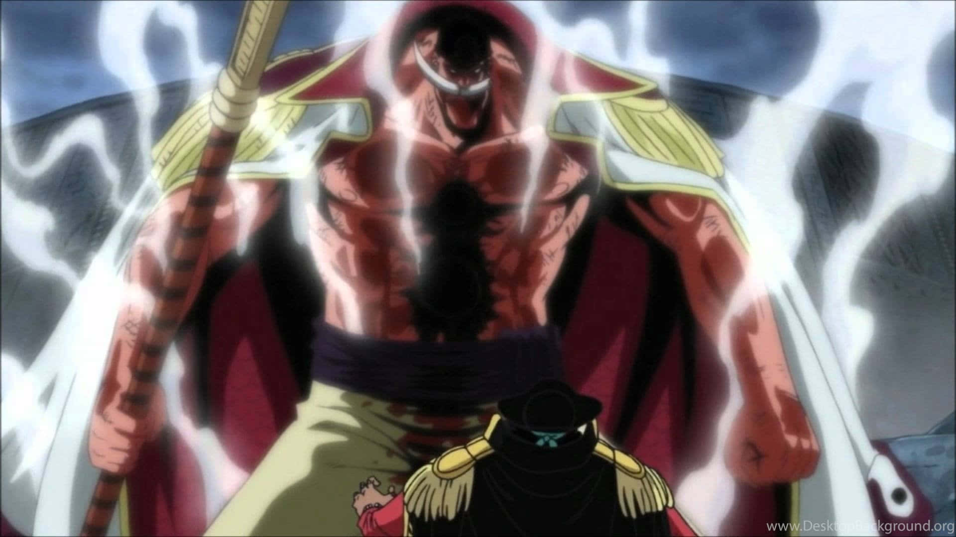 Marineford 桌布 壁紙 — 一個高大的動漫戰士，發光的白色能量在他肌肉發達的身體周圍劈啪作響，他俯視著一個穿著制服的小人物。