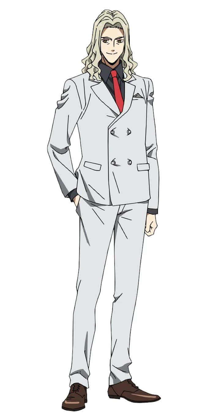 The Promised Neverland Peter Ratri 桌布 壁紙 — 一個高大的動漫男子，留著金色長髮，身穿俐落的淺灰色西裝，搭配紅色領帶和棕色鞋子，背景為純白色。