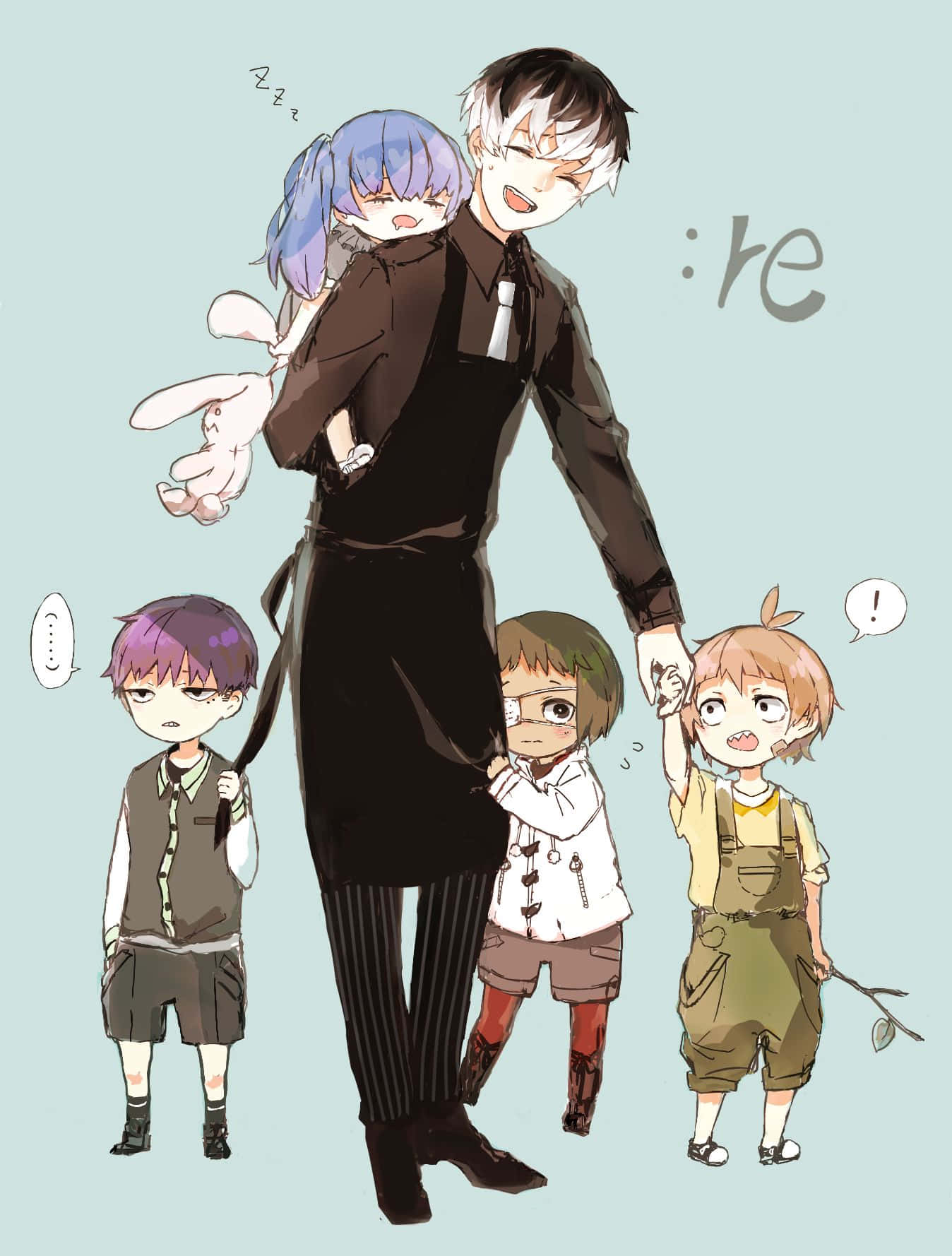 Quinx 桌布 壁紙 — 一個高大的動漫男子背著一個睡著的藍髮女孩，同時與三個驚訝的孩子手牽手，背景是淡藍綠色。