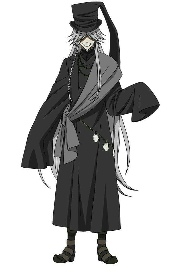 Black Butler Undertaker 桌布 壁紙 — 一個高大的動漫角色，銀色頭髮，戴著高頂帽，穿著深色外套，站在純白色背景前。