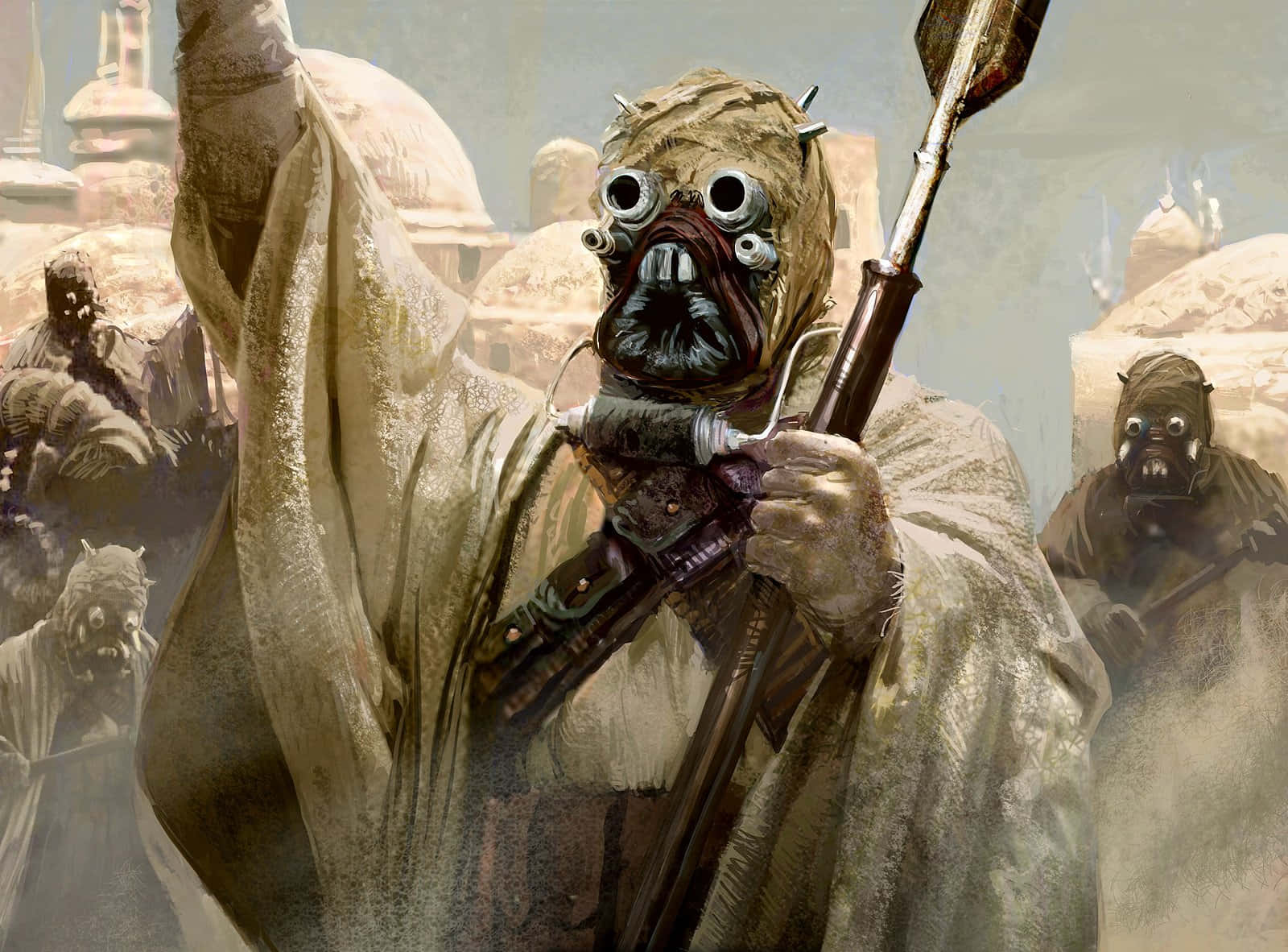 Tusken Raiders 桌布 壁紙 — 一個高大的塔斯肯襲擊者在沙漠定居點舉起武器，塵土飛揚的背景中有其他戰士。