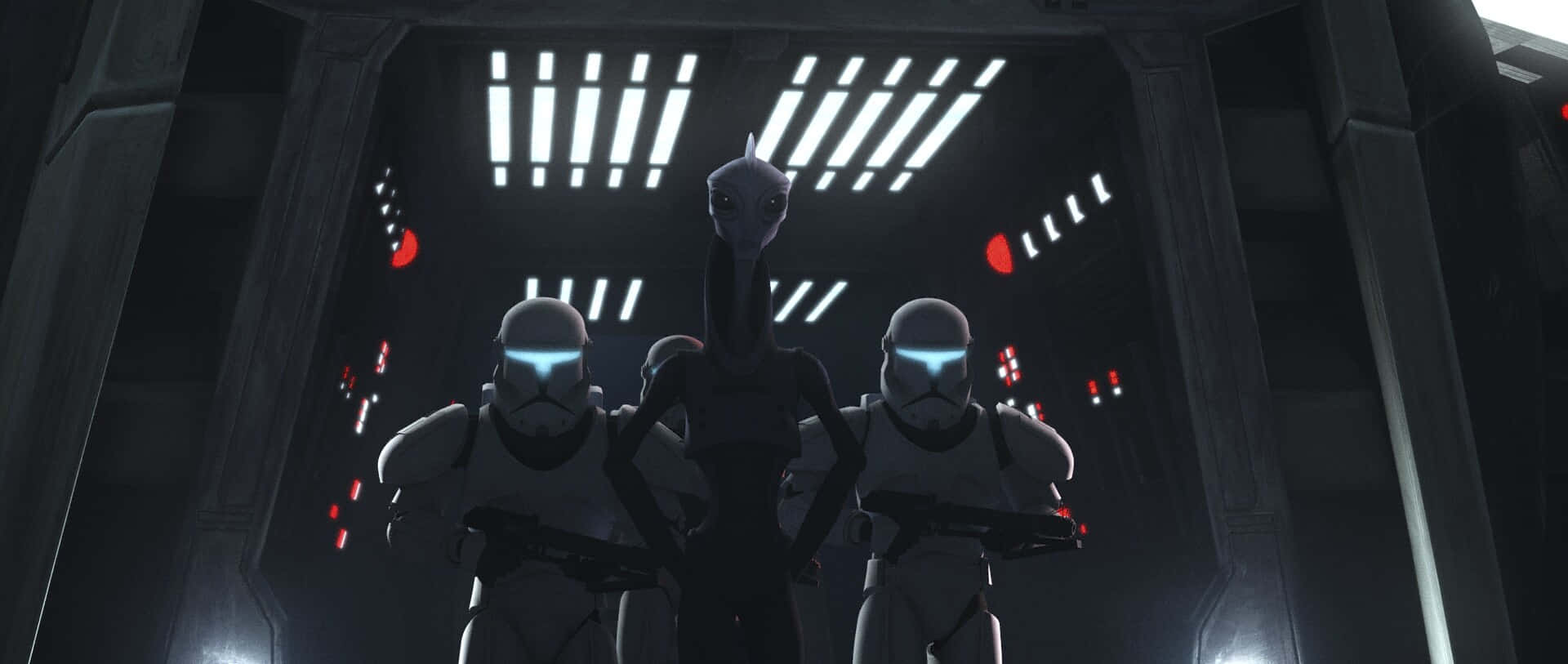Imperial Army 桌布 壁紙 — 一個高大的外星人站在兩個風暴兵之間，在一個昏暗的未來主義走廊中，有發光的白色和紅色燈光。