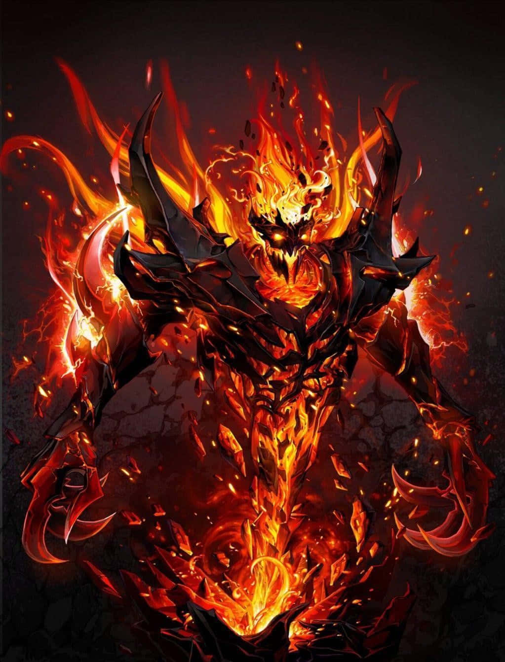 Shadow Fiend 桌布 壁紙 — 一個高大的惡魔形象從熔岩火焰中爆發，眼睛發光，身披鋸齒狀黑色盔甲，背景陰暗。