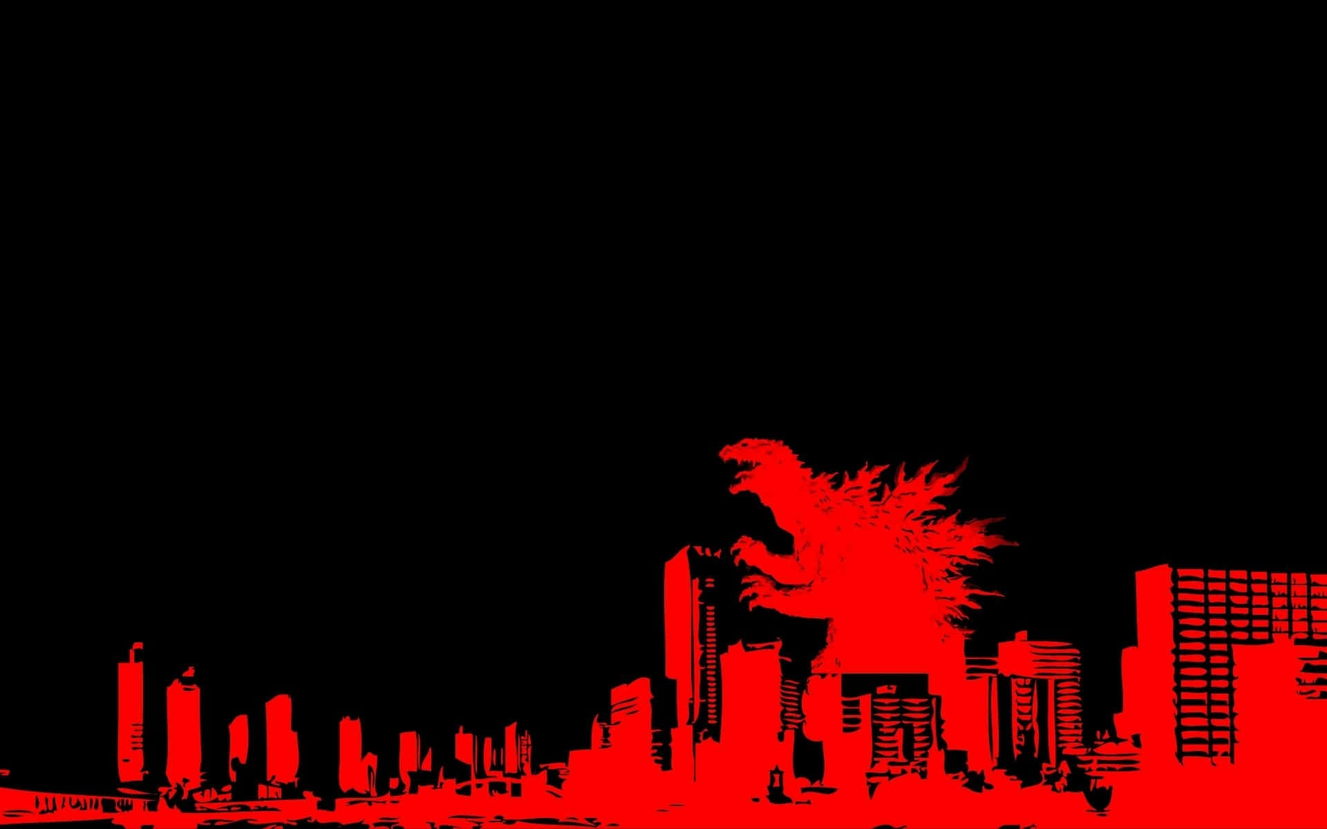 Godzilla 2000 桌布 壁紙 — 一個高大的紅色哥斯拉剪影主宰著城市天際線，背景是黑色虛空，建築物在其腳下崩塌。