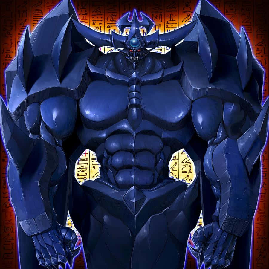 Obelisk The Tormentor 桌布 壁紙 — 一個高大的藍色裝甲惡魔，擁有發光的紅色眼睛和鋒利的角，在古老的象形文字背景下威嚴地站立。