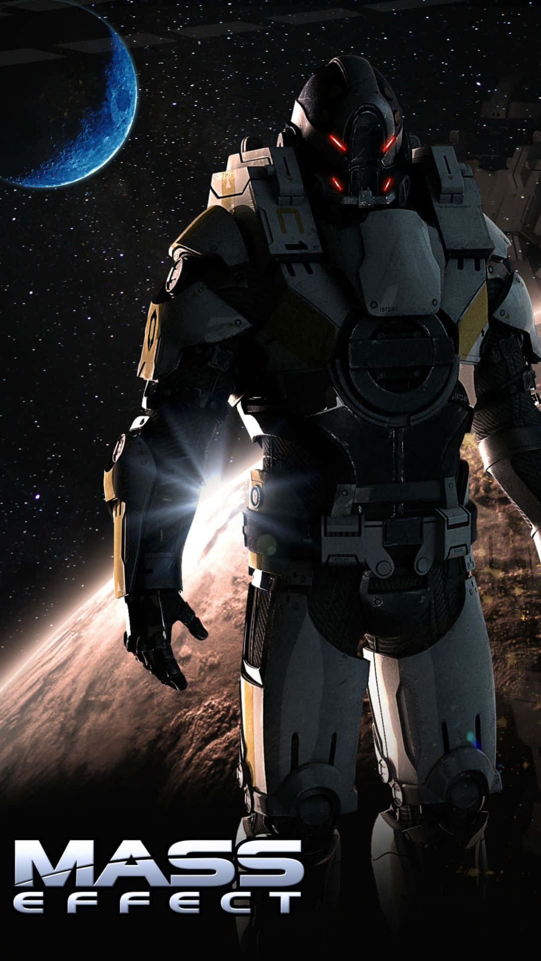 Mass Effect Cerberus 桌布 壁紙 — 一個高大的裝甲士兵，眼睛發出紅光，站在星空背景前，背景中有一顆藍色行星和發光的地平線。