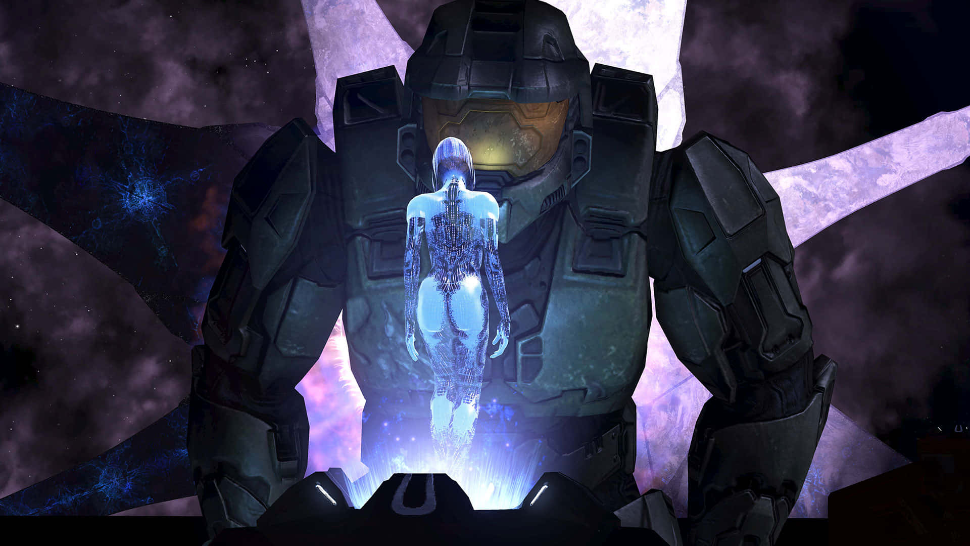 Halo Cortana 桌布 壁紙 — 一個高大的裝甲士兵站在發光的全息人物面前，背景是宇宙星雲。