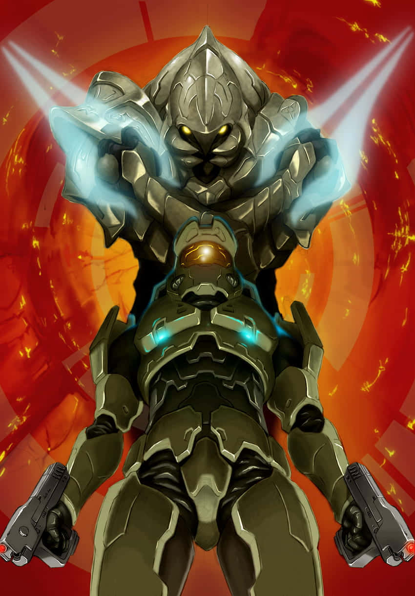 Halo Arbiter 桌布 壁紙 — 一個高大的裝甲戰士，有著發光的黃色眼睛和藍色能量刃，站在一個較小的裝甲人物之上，背景是火紅色的。