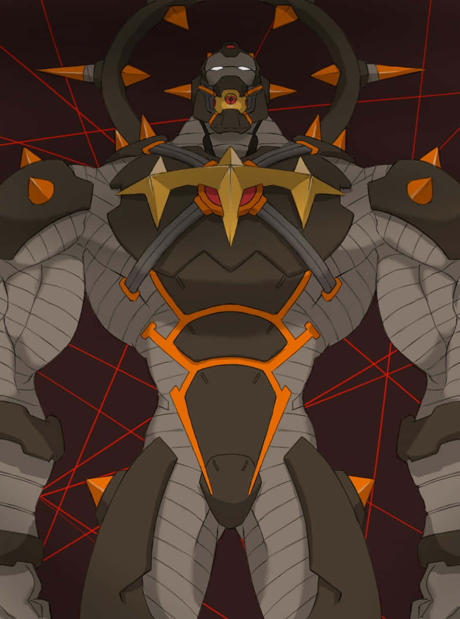 Ira Gamagoori 桌布 壁紙 — 一個高大的裝甲機械人，帶有發光的橙色點綴和尖刺肩膀，站在深紅色網格背景前。