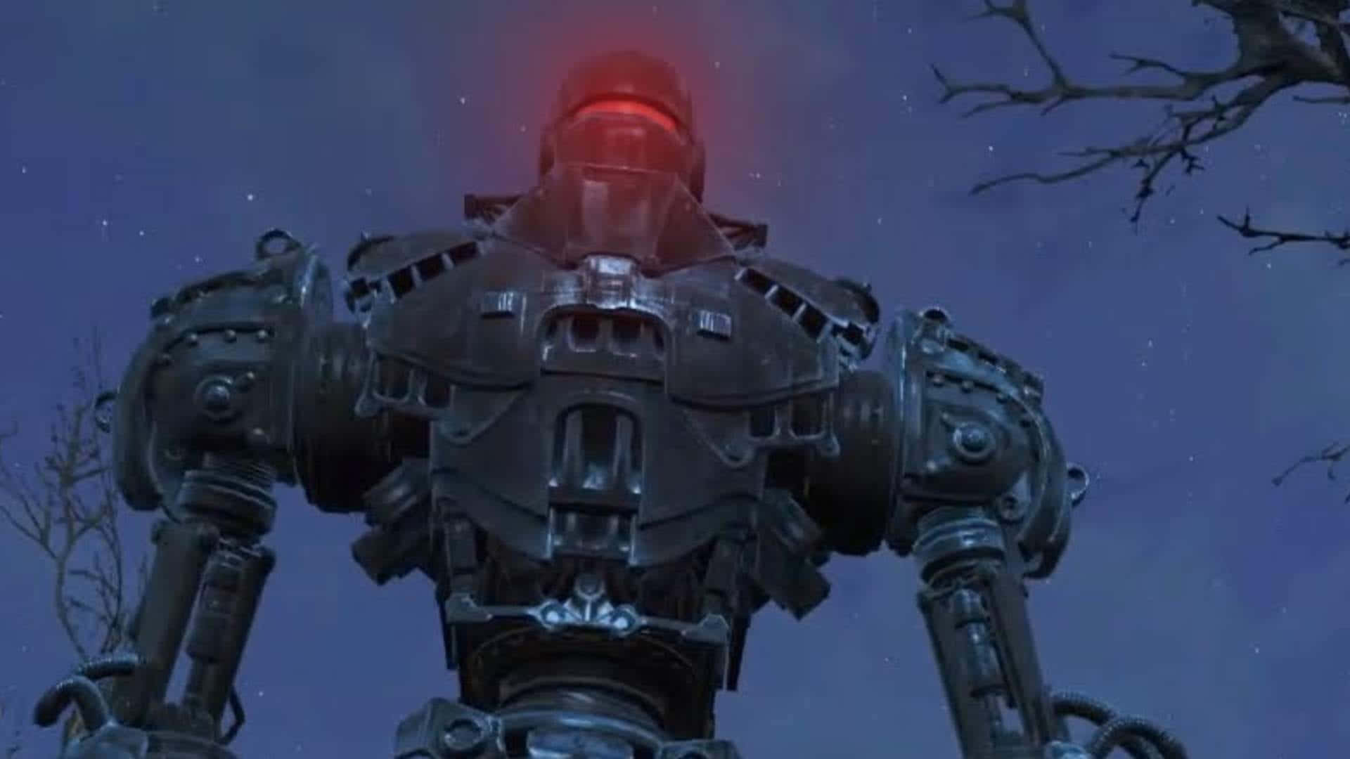 Liberty Prime 桌布 壁紙 — 一個高大的裝甲機械人，眼睛發出紅光，站在星空下，周圍是光禿禿的樹枝。