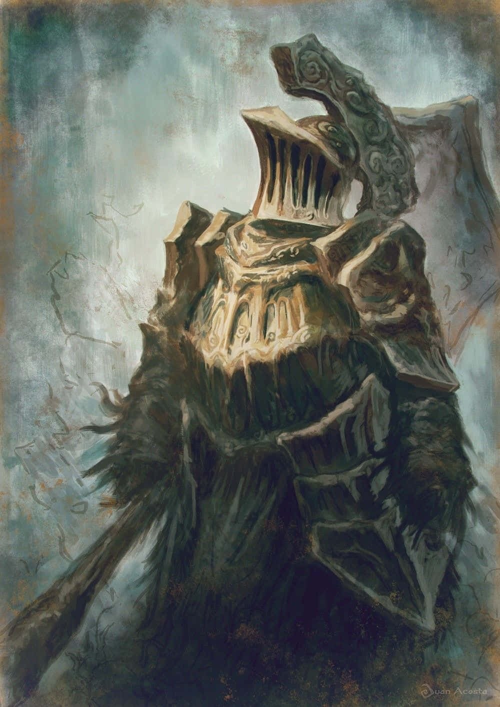 Havel The Rock 桌布 壁紙 — 一個高大的裝甲騎士，頭盔破裂，斗篷破爛，站在暴風雨的灰色天空下。