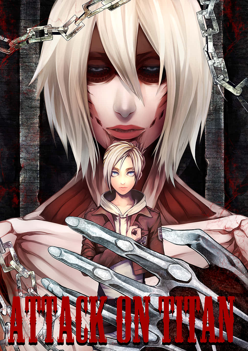 Female Titan 桌布 壁紙 — 一個高大的金髮巨人，帶著鎖鏈和暴露的肌肉，在一個戲劇性的動漫場景中抱著一個較小的金髮男孩。