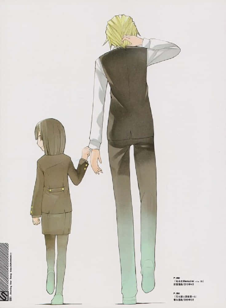 Akane Awakusu 桌布 壁紙 — 一個高大的金髮男人和一個穿著校服的小女孩在純白色背景下手牽手從後面走著。