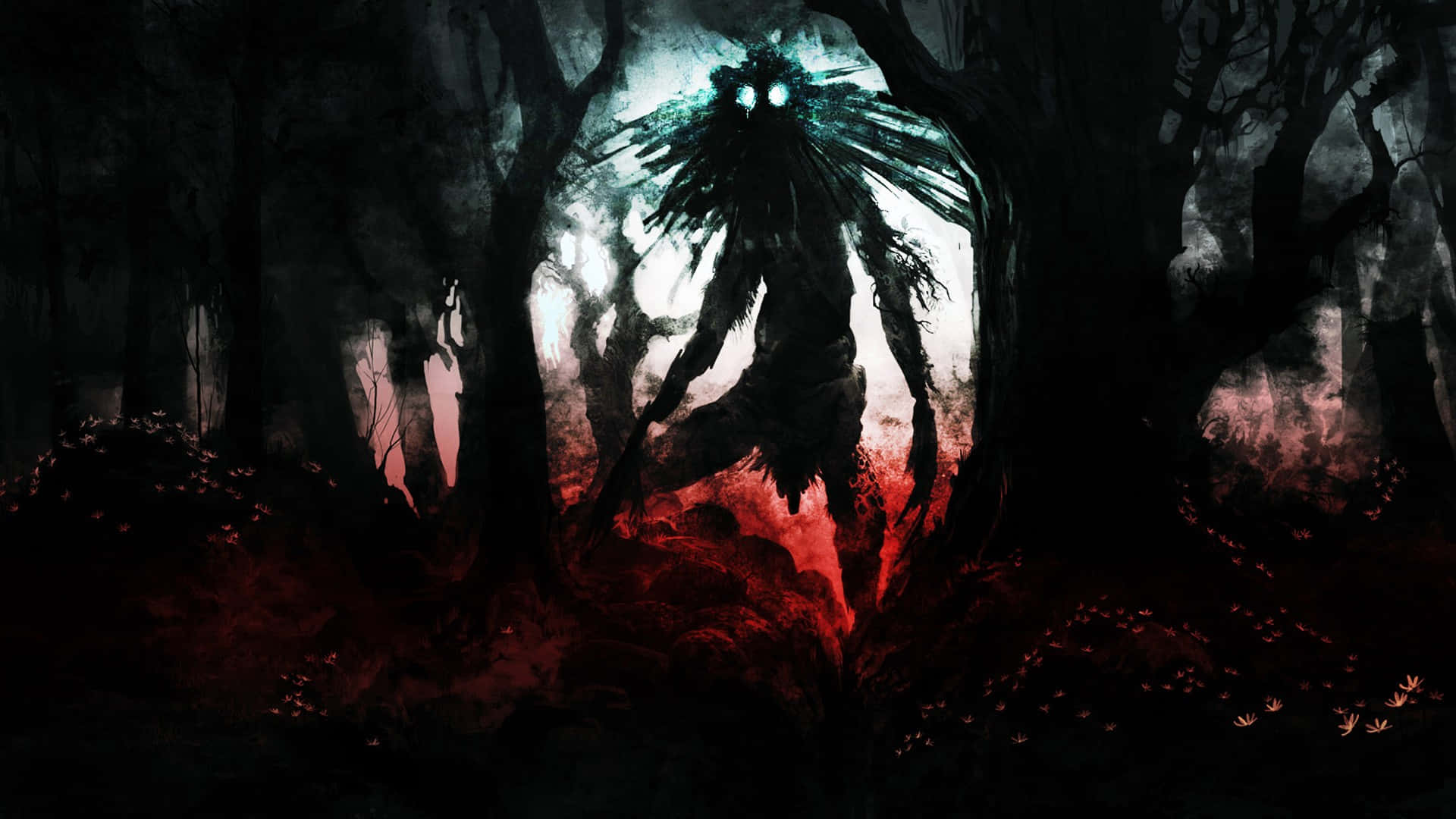 Unsettling 桌布 壁紙 — 一個高大的陰影生物，眼睛發光，從一片沐浴在詭異紅色和藍綠色光線中的黑暗森林中出現。