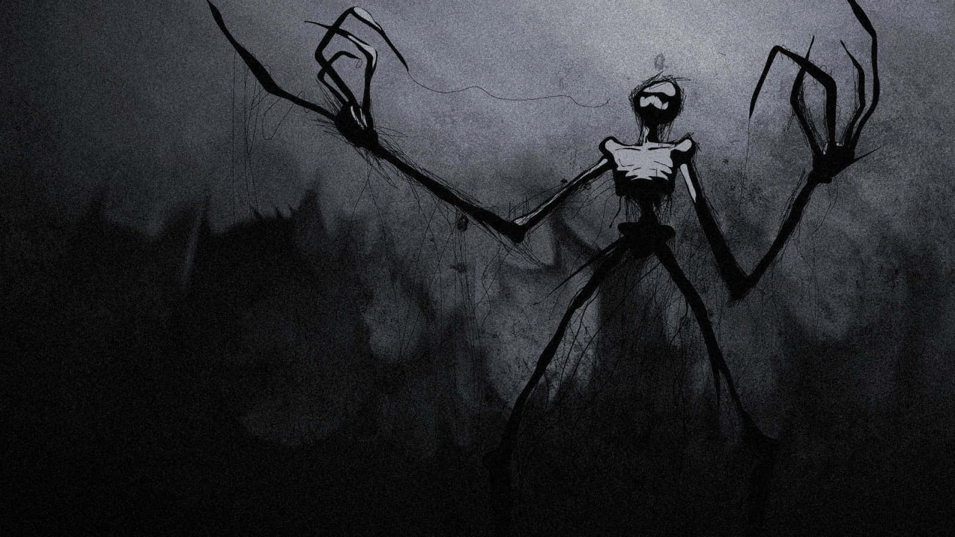 Unsettling 桌布 壁紙 — 一個高大的骷髏形狀，擁有長而細的四肢和爪狀的手，在黑暗煙霧繚繞的背景中威嚇地站立。