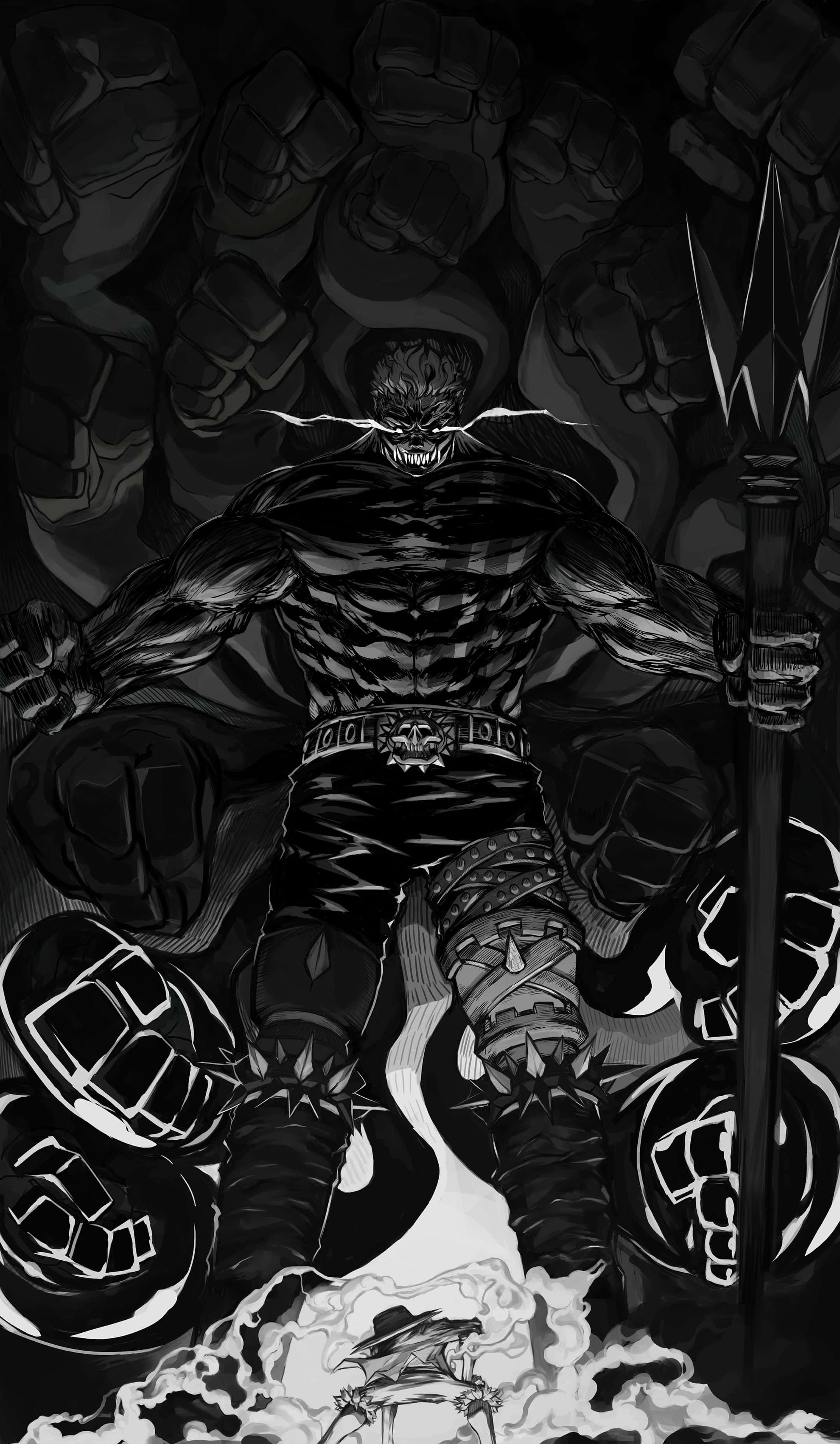 Charlotte Katakuri 桌布 壁紙 — 一個高大的黑白動漫戰士手持帶刺長矛，威嚇地站在一個小人影上方，周圍漂浮著拳頭，風格黑暗粗獷。