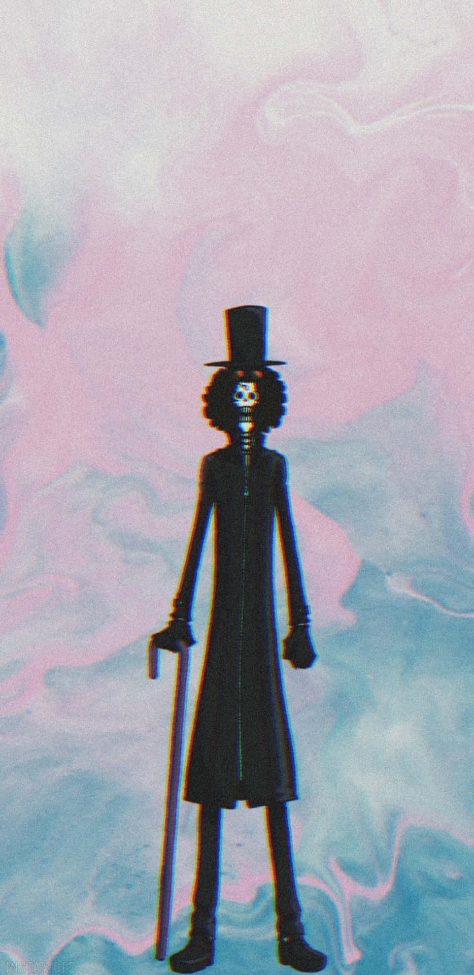 Brook 桌布 壁紙 — 一個高大的黑色西裝骷髏人物，戴著高頂帽和手杖，站在旋轉的粉紅色和藍色雲朵背景前。