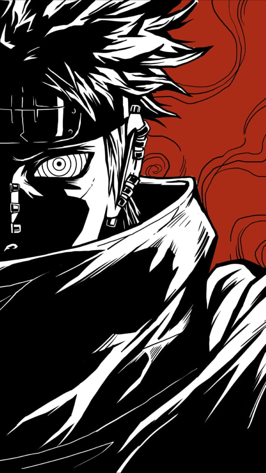 Akatsuki Poster 桌布 壁紙 — 一個高對比度的動漫角色，有著尖刺頭髮和一個可見的眼睛，在旋轉的紅色背景前強烈凝視。