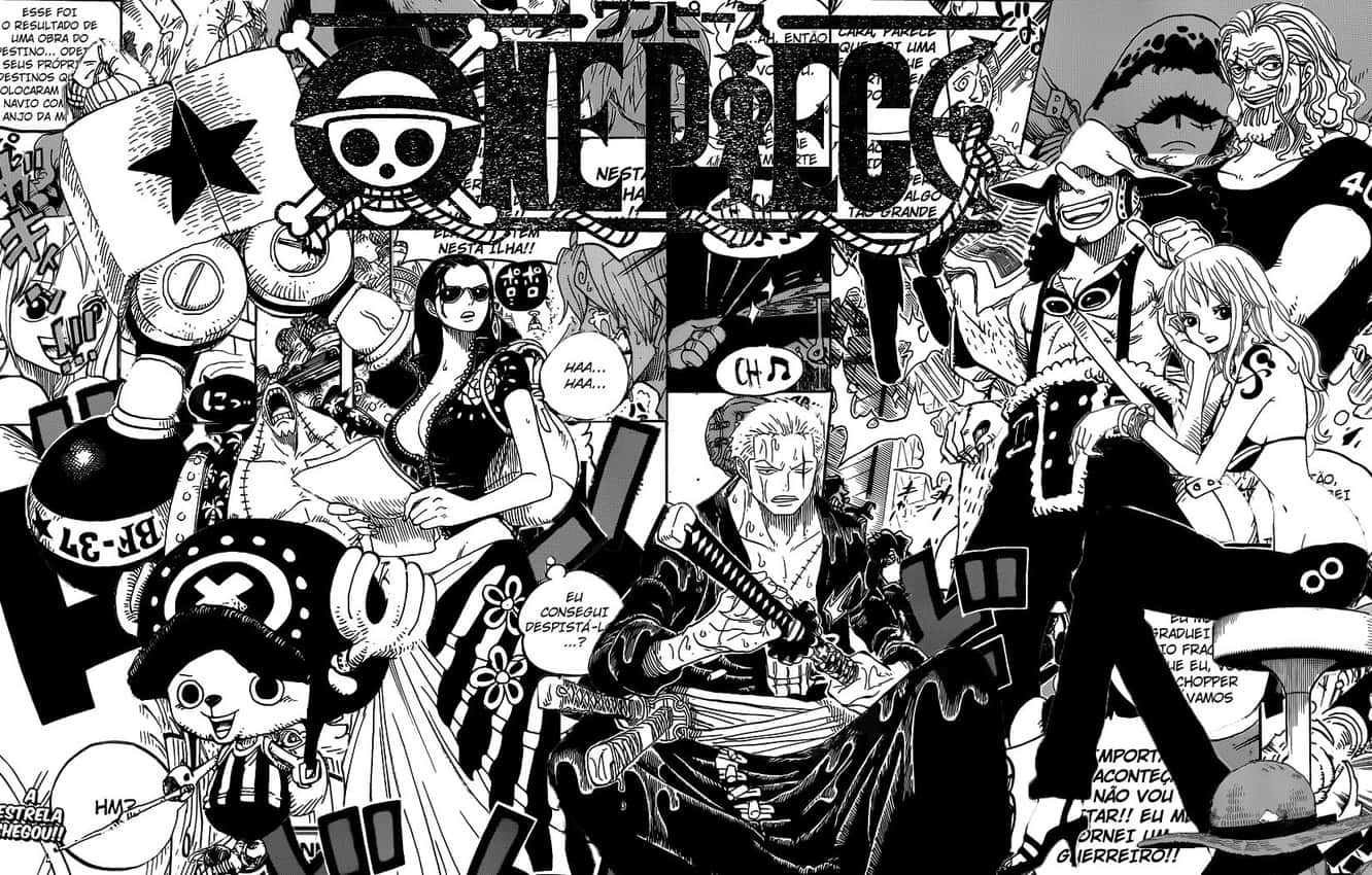 Manga Characters 桌布 壁紙 — 一個高對比度的黑白漫畫面板，充滿來自One Piece的動態動漫角色和粗體文字。