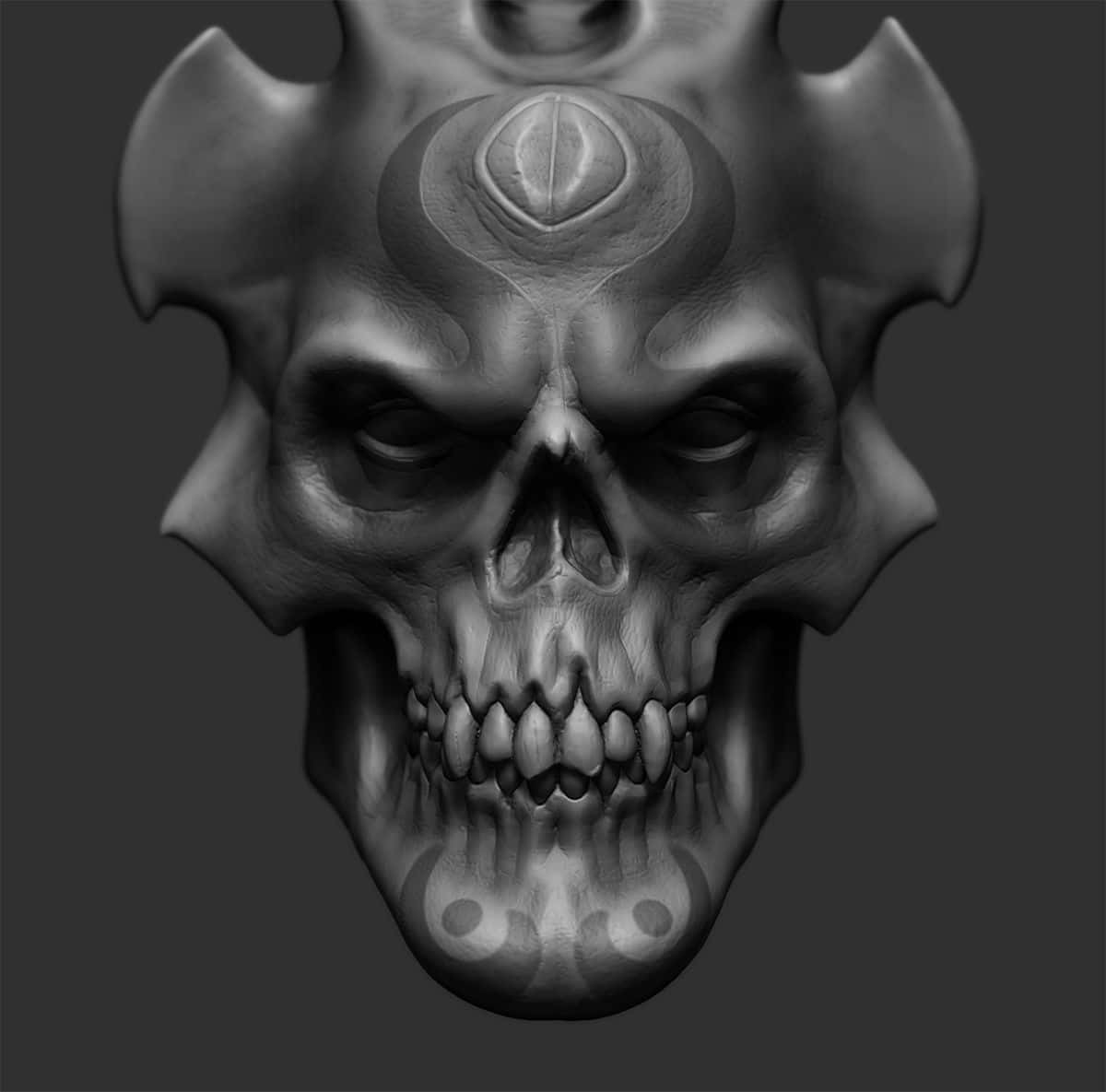 3d Skull 桌布 壁紙 — 一個高度詳細的單色3D渲染頭骨，帶有對稱的角狀突起，前額中央有一個類似眼睛的符號。