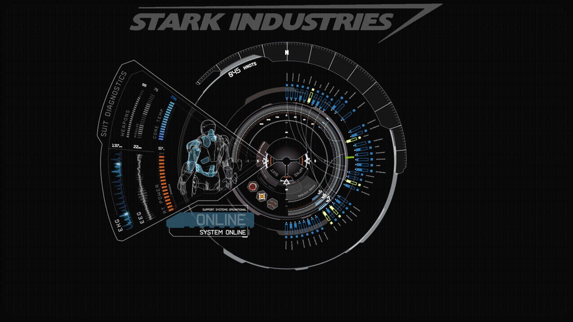 Iron Man Technology 桌布 壁紙 — 一個高科技的斯塔克工業HUD在黑色背景上顯示發光藍色全息套裝診斷。