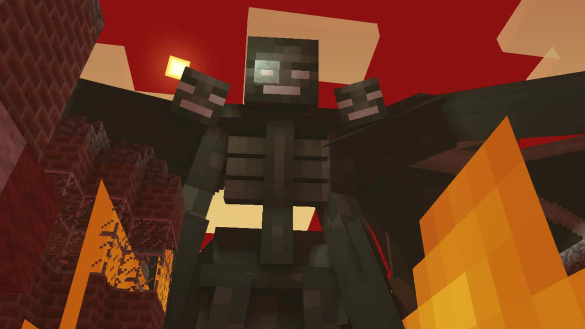 Minecraft Wither 桌布 壁紙 — 一個高聳的像素化終界使者站在血紅天空下熾熱的Minecraft景觀中，氣勢洶洶。