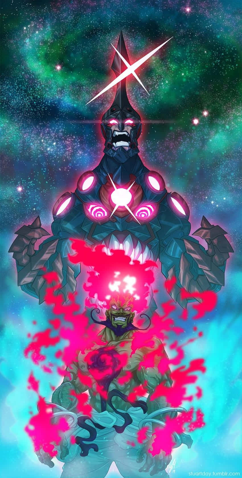 Lordgenome 桌布 壁紙 — 一個高聳的宇宙惡魔，擁有發光的粉紅色眼睛和能量爆炸，站在充滿活力的綠色和藍色星場前。