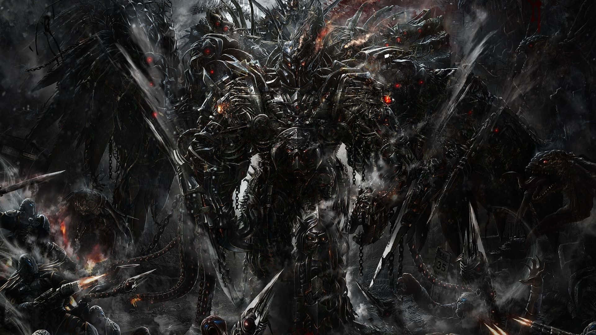 Cool Demon 桌布 壁紙 — 一個高聳的惡魔 warlord，擁有發光的紅眼睛和尖刺盔甲，主宰著一個由陰影戰士和火焰武器組成的混亂戰場。