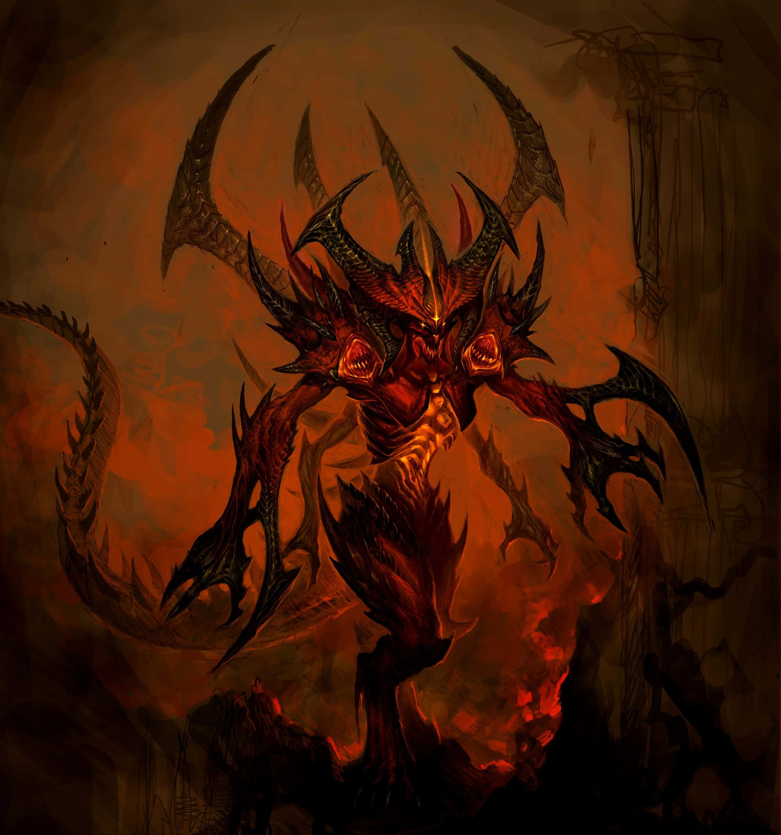 evil 桌布 壁紙 — 一個高聳的惡魔實體，擁有發光的紅色眼睛和鋸齒狀的角，站在旋轉的火焰和黑煙之中。