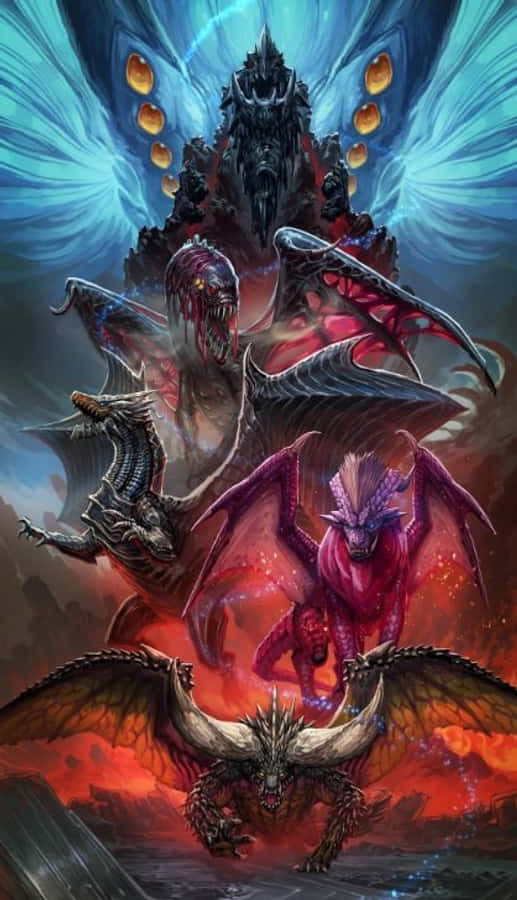 Monster Hunter Monsters 桌布 壁紙 — 一個高聳的惡魔實體，有著發光的眼睛和蝙蝠般的翅膀，在熾熱的末日天空中籠罩著三條兇猛的龍。