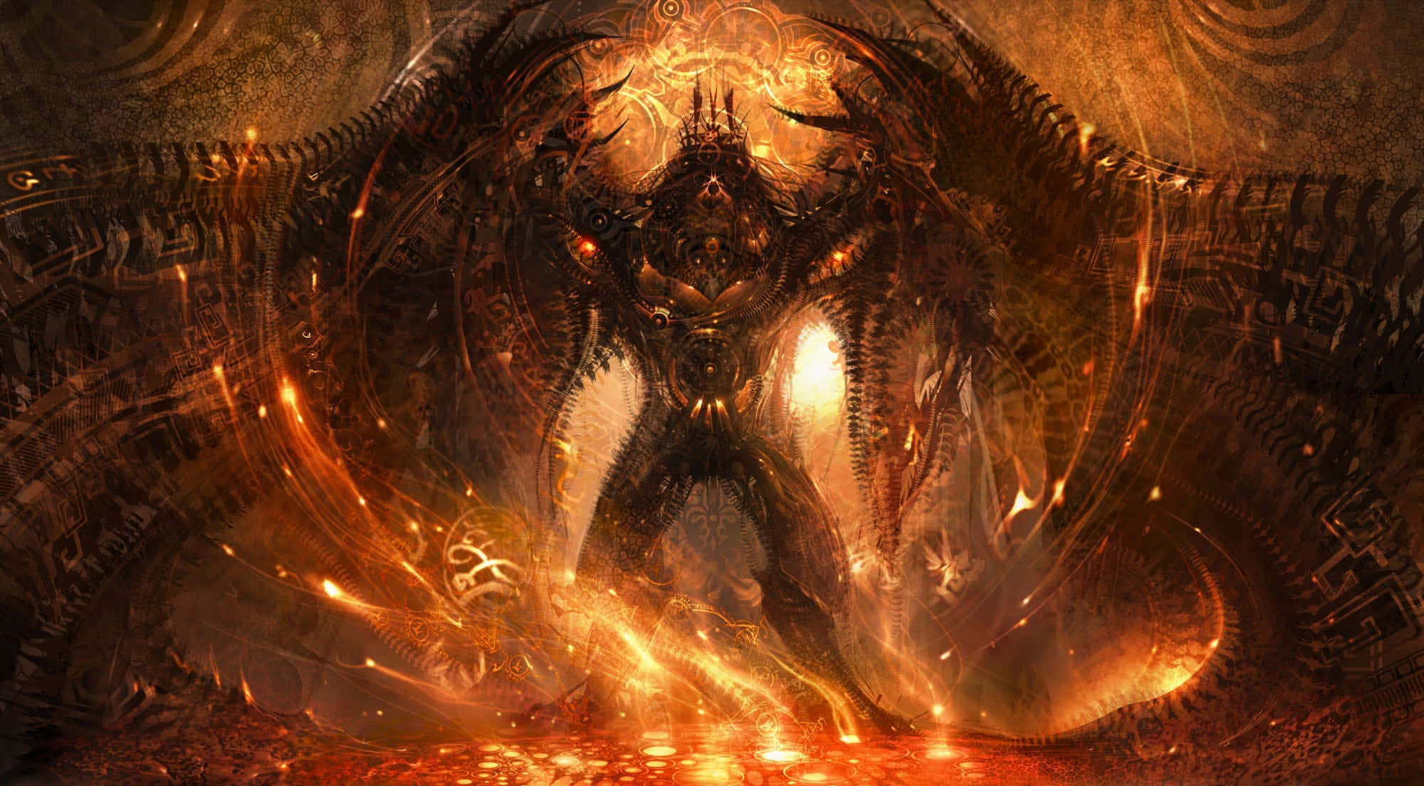 Demon Fighting 桌布 壁紙 — 一個高聳的惡魔形象，擁有發光的橙色翅膀和精緻的盔甲，站在旋轉的火焰和神秘符號之中。