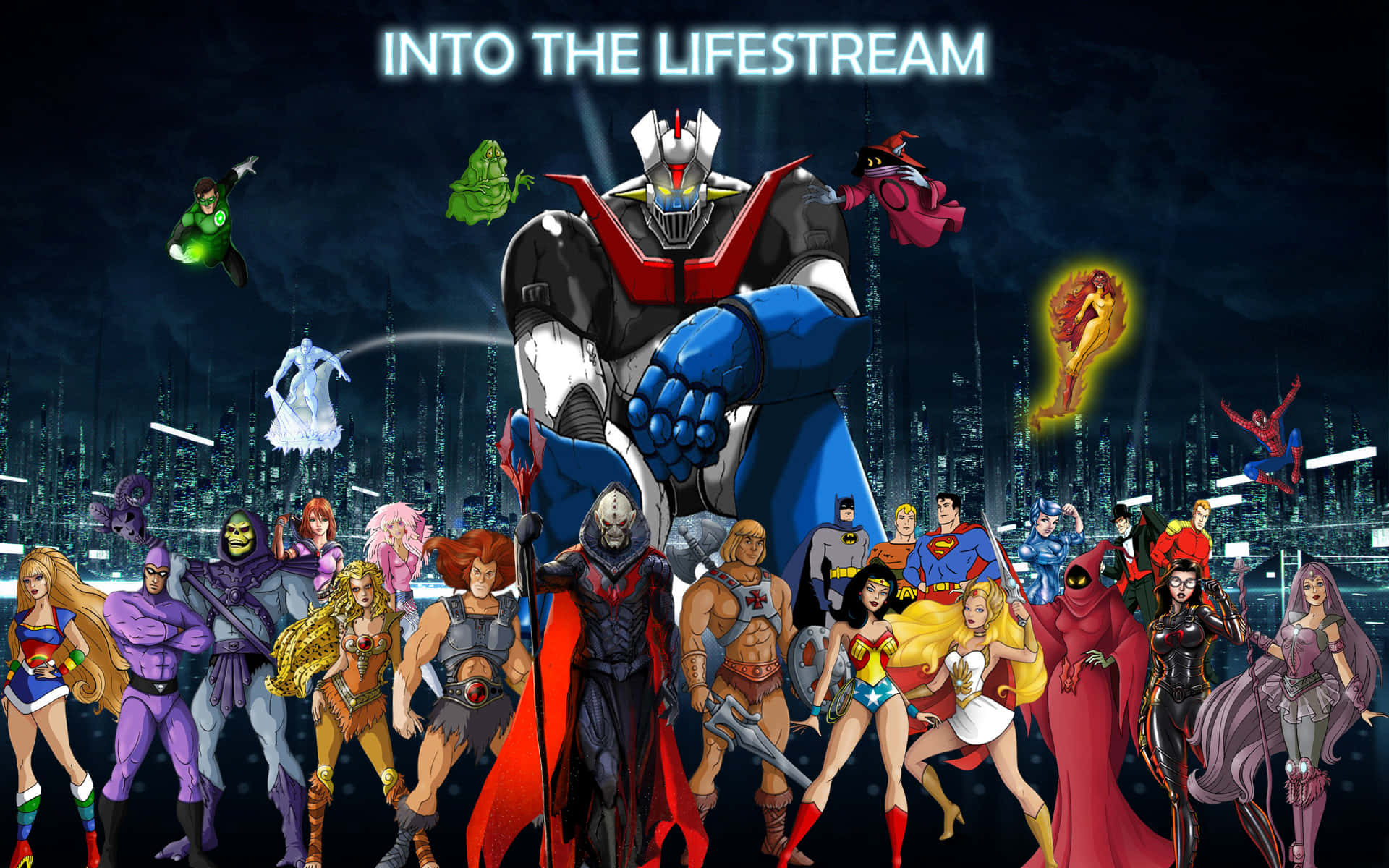 Cartoon Heroes 桌布 壁紙 — 一個高聳的機械人站在一群充滿活力的標誌性超級英雄和反派之中，背景是夜晚發光的城市天際線。