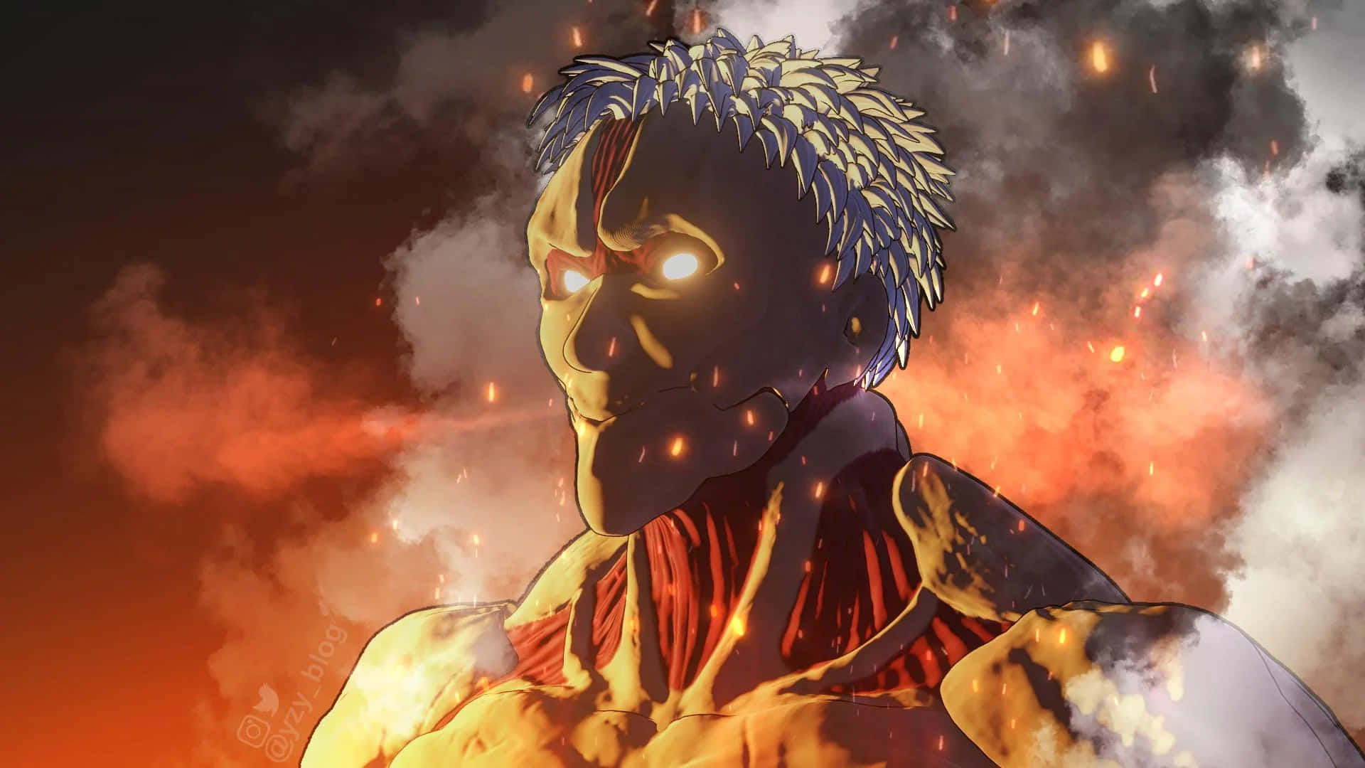 Armored Titan 桌布 壁紙 — 一個高聳的泰坦，擁有發光的眼睛和尖刺頭髮，站在熾熱的橙色和黑暗煙霧背景前，周圍漂浮著餘燼。