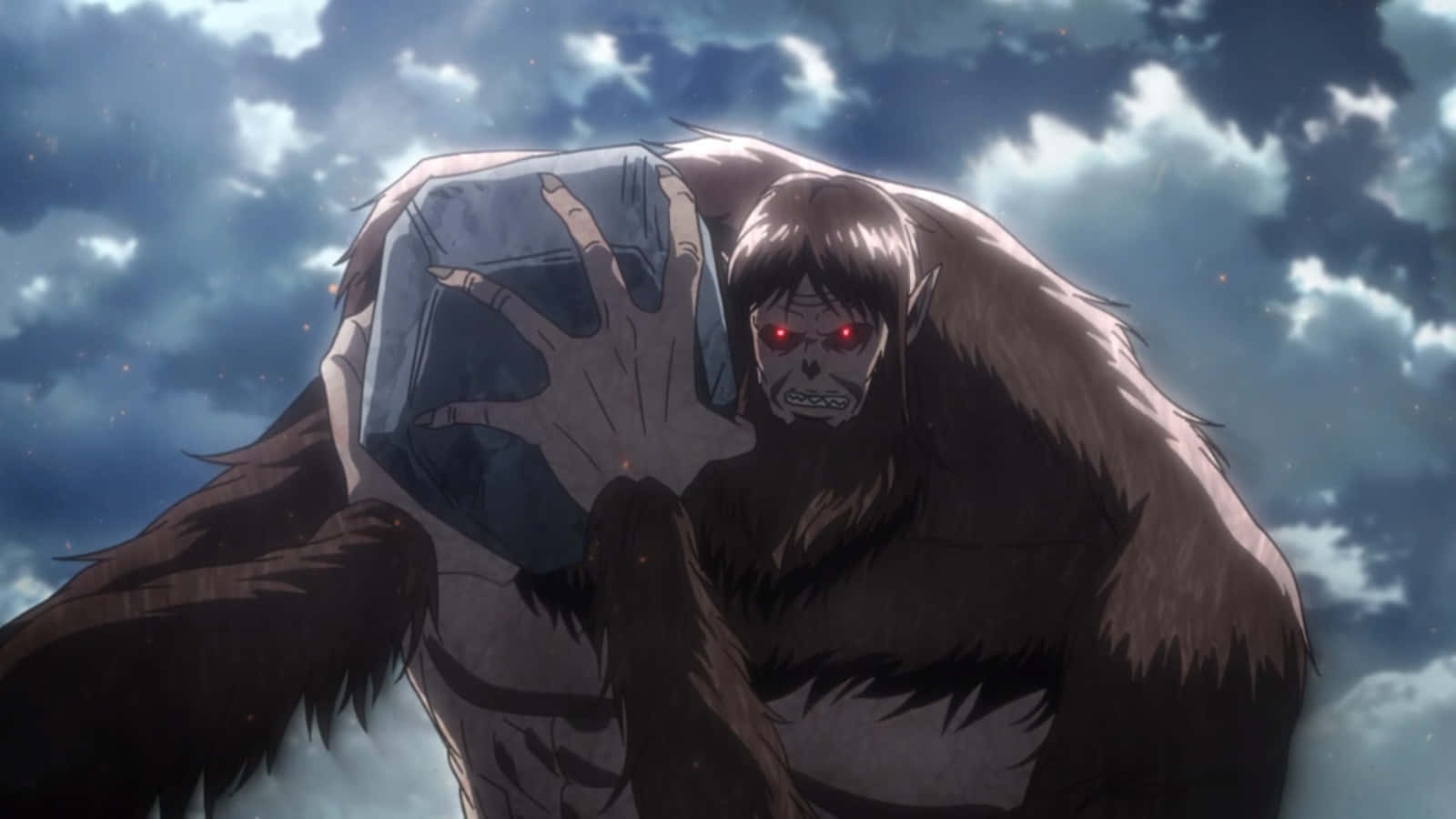 Beast Titan 桌布 壁紙 — 一個高聳的泰坦，擁有發光的紅色眼睛和毛茸茸的身體，舉起一隻巨大的手，對著暴風雨的天空。