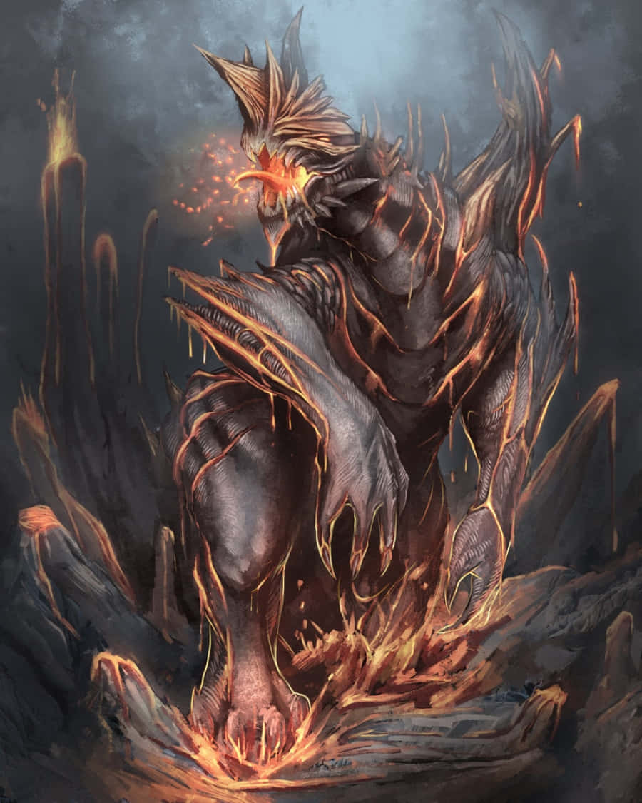 Kaiju 桌布 壁紙 — 一個高聳的熔岩怪物，身上有發光的橙色脈絡和熔岩從身體噴出，站在黑暗的火山景觀中。