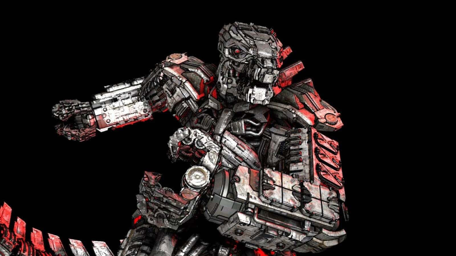 mechagodzilla 桌布 壁紙 — 一個高聳的生物機械怪物，擁有發光的紅色眼睛和金屬盔甲，在黑色虛空中威嚇地站立。