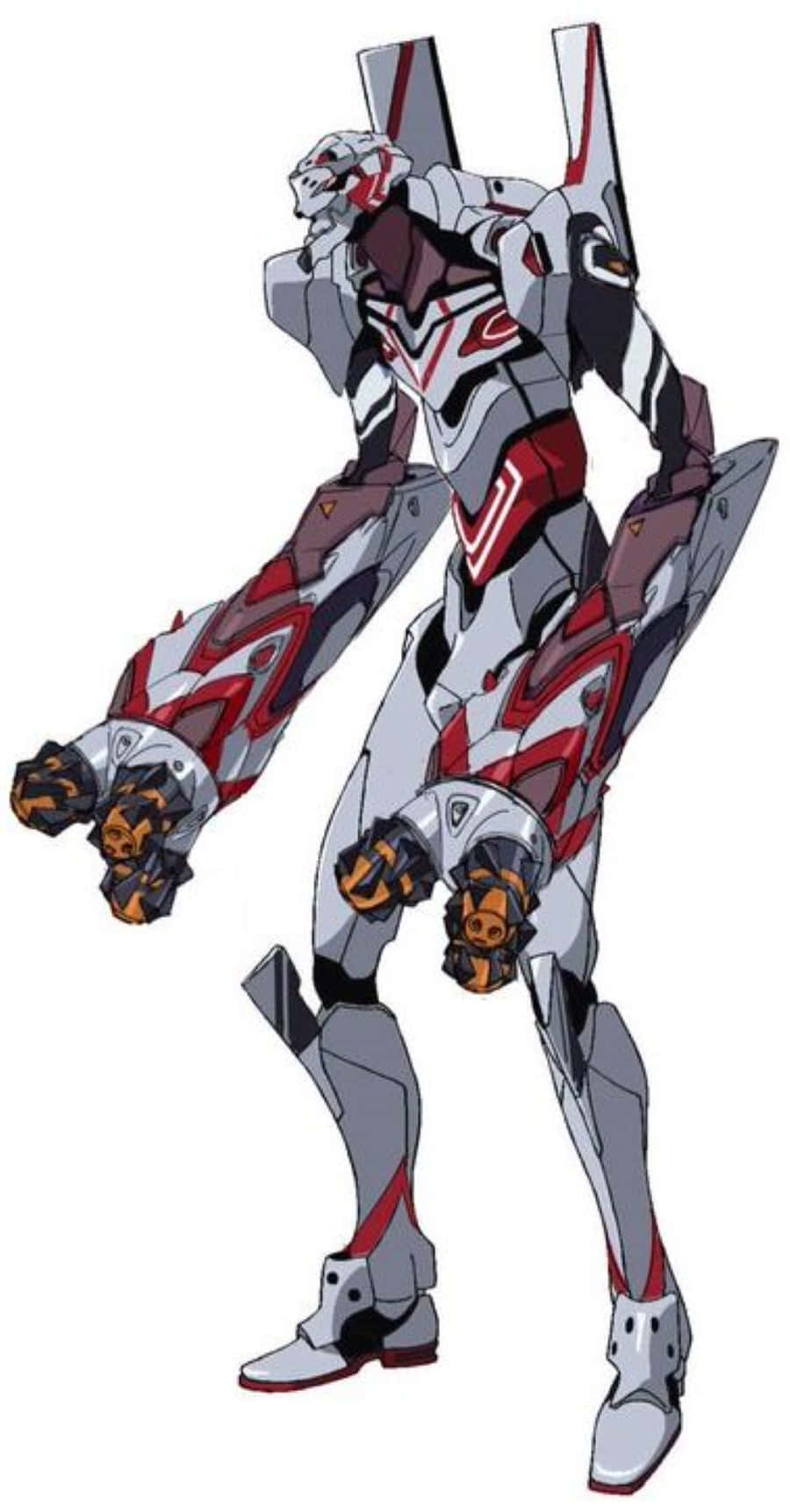 Eva-04 桌布 壁紙 — 一個高聳的白色、紅色和灰色機甲以動態姿勢站立，發光的橙色雙手，背景是純白色。