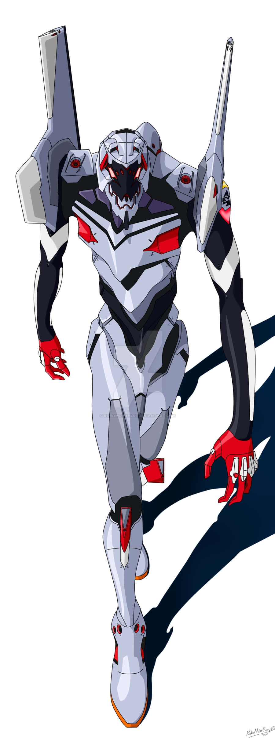 Eva-04 桌布 壁紙 — 一個高聳的白色、紅色和黑色動漫機甲以動態姿勢站立，在純白背景上投下長長的影子。