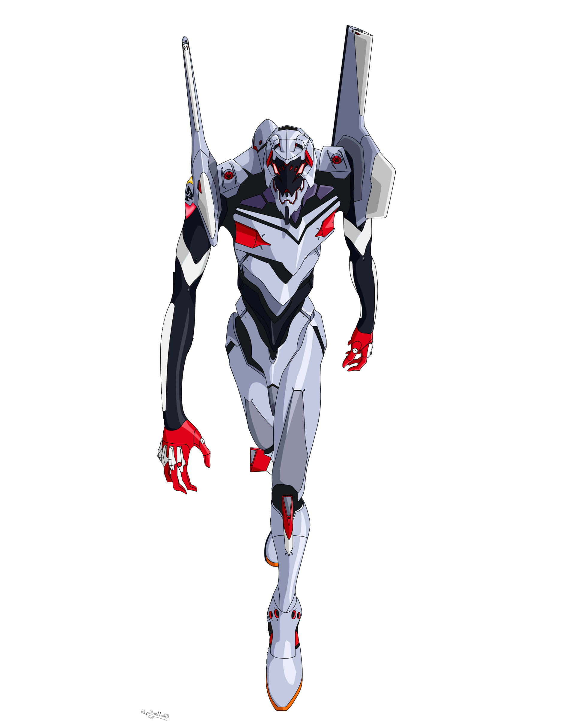 Eva-04 桌布 壁紙 — 一個高聳的白色、紅色和黑色動漫機甲以動態姿勢站在純白色背景前。