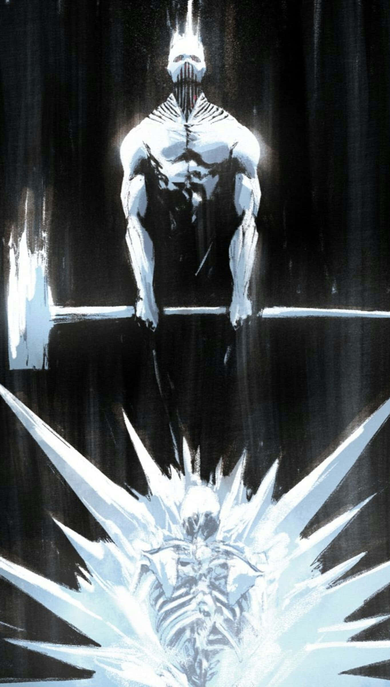 War Hammer Titan 桌布 壁紙 — 一個高聳的白色骷髏形象站在一個較小的尖刺骷髏形狀之上，背景為深色。